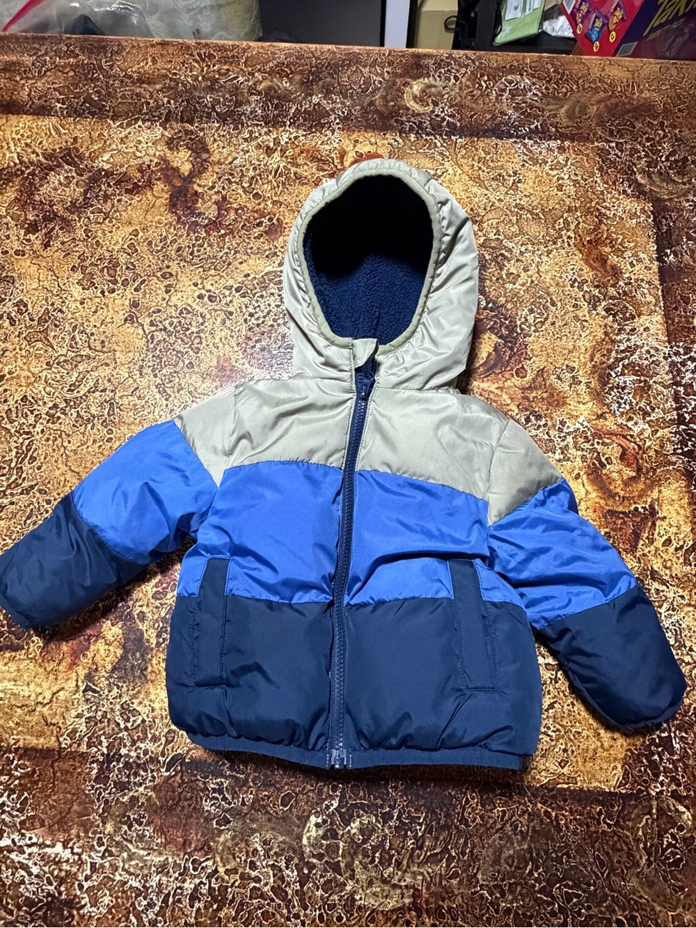 Swiss Tech Kids Colorblock Hooded Puffer Jacket - Navy, Blue & Tan